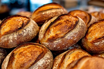 Freshly baked artisan bread loaves create a warm and inviting atmosphere in a cozy bakery