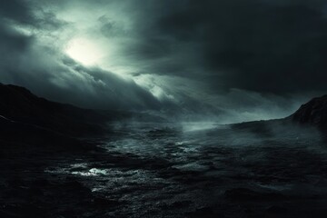 Fototapeta premium Dark foggy landscape sky dramatic clouds.