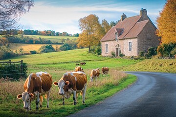 Cows grazing peacefully by a charming countryside home in autumn