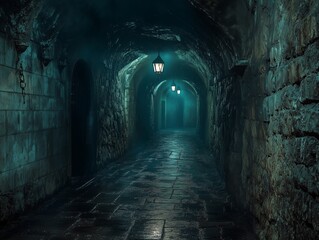 An old, ominous, scary dungeon with stone wet steps and a long staircase. A mystical sight.