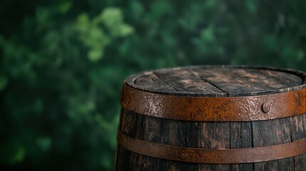 An old, weathered barrel with rusty bands set against a softly blurred green backdrop, evoking a sense of tradition and the passage of time in rustic settings.