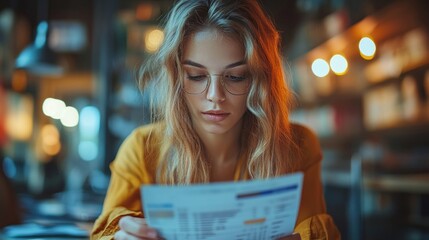 Fototapeta premium Focused young woman reviewing documents in a cafe.