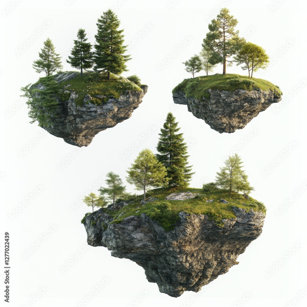 Poster floating islands: miniature ecosystems suspended in air, graced with trees and lush greenery against