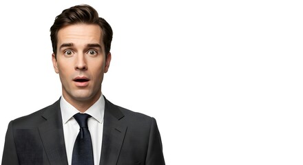 A handsome happy man wearing a full business suit, surprised face, isolated on a white background, side copy space
