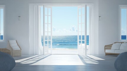 Fototapeta premium Serene Beach View Through Open Doors in Modern Coastal Living Space