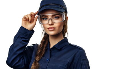 Female engineer in a navy blue uniform, wearing protective glasses, confident and capable