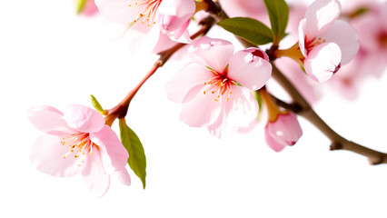 close-up of delicate pink blossoms on a branch against a white background