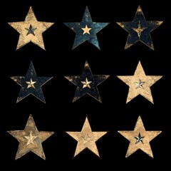 Fototapeta premium Nine Textured Stars with Central Embellishments on a Black Backdrop, Creating a Festive Aesthetic