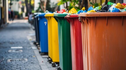 Colorful Waste Bins Lined Up on Narrow Urban Street in Daylight