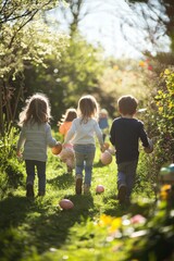 Children participating in an Easter egg hunt in a sunny garden
