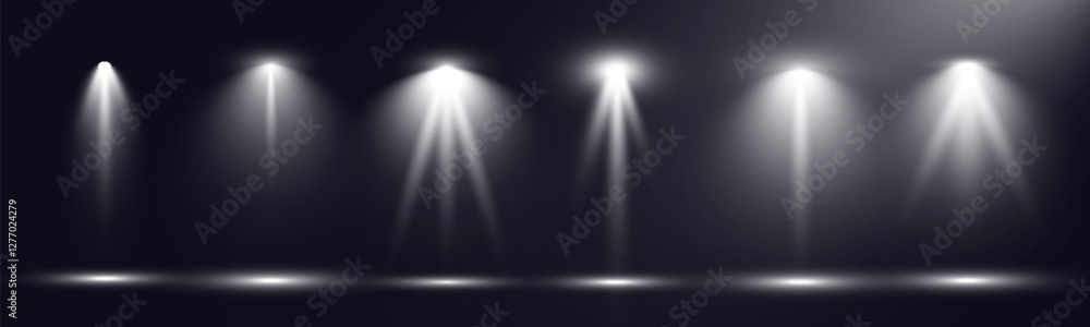 Poster Empty spotlight stage with dark gradient background and bright beams of light illuminating the center. Suitable for presentations, performances, or dramatic effects.	