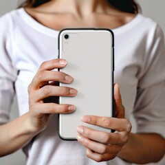 a girl holding white cover mobile phone