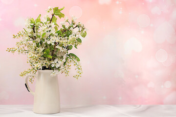 Beautiful spring blooming bird cherry branches in vase on elegant background. Abstract floral composition and banner for screen, Still life with place for text, Floral holiday card