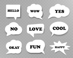 Speech bubble set with shadow effect on transparent background. blank comic and chat balloons for messages, thoughts, and dialogue in cartoon style.