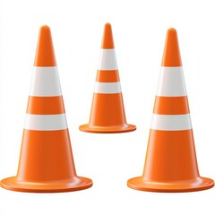 Traffic Cones: Three Orange Safety Cones with White Stripes Isolated on a White Background, Used for Road Safety and Construction.