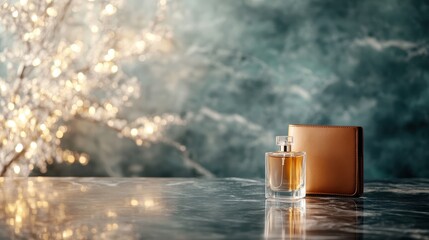 An inviting composition of a sophisticated fragrance bottle beside a sleek leather wallet, capturing the essence of modern luxury and personal expression.