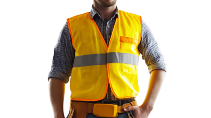 Male construction worker in a bright yellow safety vest and helmet, strong and determined look, isolated PNG