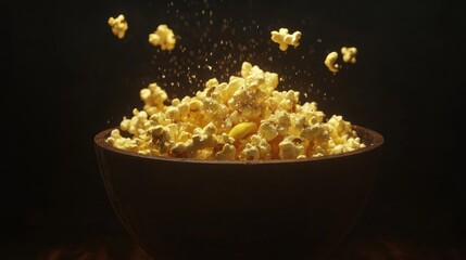 Buttery popcorn bursts from wooden bowl, dark background, movie snack