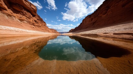A breathtaking view of a tranquil waterway reflecting majestic rock formations and a beautiful sky, inviting viewers into the serene landscape's embrace.