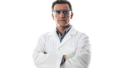 Serious scientist in a white lab coat, wearing safety goggles, ready for research, isolated PNG