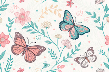 Seamless Pattern With Delicate Butterflies And Flowers In Soft Pastel Colors. Elegant Botanical Design For Wallpapers, Fabric Prints, Gift Wrapping, And Nature-Themed Branding...