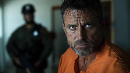 Obraz premium A man with an intense gaze in an orange prison jumpsuit, standing defiantly amid a prison setting, expressing his inner turmoil and strength despite his surroundings.