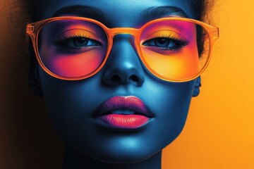 Vibrant portrait of a model with colorful makeup and stylish glasses against an orange background