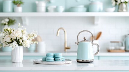 A beautifully organized kitchen setup featuring a stylish teapot, fresh flowers, and macarons, creating a harmonious atmosphere for culinary creativity and relaxation.