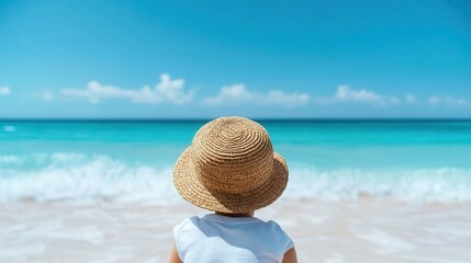 A picturesque view of a child at the beach, dressed in white, absorbed in the beauty of the ocean, highlighting the essence of summer tranquility and innocence.