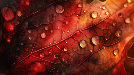 Fototapeta premium close up of red leaf with water drops