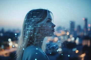A woman's profile silhouetted against a city lights backdrop, overlaid with digital data streams, symbolizing technological integration.
