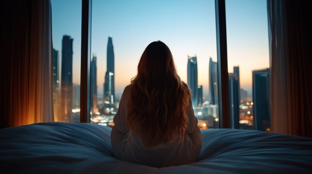 A contemplative woman sits on a bed in a modern apartment, looking out at a dynamic city view during sunset, depicting dreams, aspirations, and reflections on life.