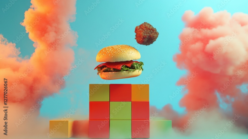 Poster a floating hamburger with vibrant colors and a chicken nugget amidst colorful clouds