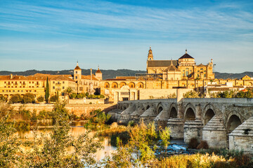 Mezquita Cathedral and Roman Bridge in Cordoba at Sunset, Andalusia