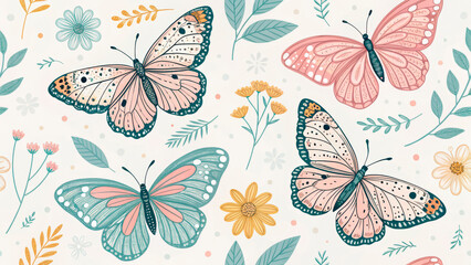 Seamless Pattern With Delicate Butterflies And Flowers In Soft Pastel Colors. Elegant Botanical Design For Wallpapers, Fabric Prints, Gift Wrapping, And Nature-Themed Branding...