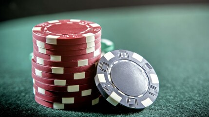 Stack of Colorful Casino Chips on a Green Casino Table Surface