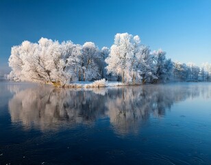 many trees covered with frost, frozen trees on the shore of a lake in winter