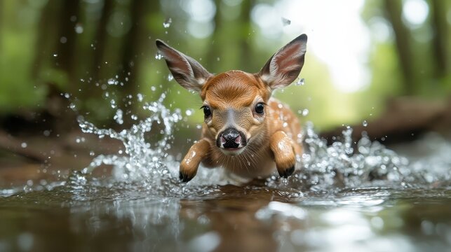 A playful fawn splashes through a stream in a lush green forest, symbolizing the vibrancy of wildlife and the joy of exploration in a natural habitat.