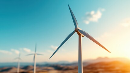 This stunning image features multiple wind turbines silhouetted against a vibrant sunset sky, symbolizing renewable energy and tranquility in nature's embrace.