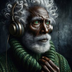 Old man listening music with green eyes and sweater