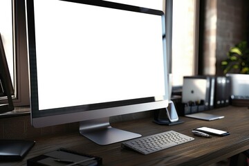 Fototapeta premium Blogging and Design Desk Setup Featuring Computer, Keyboard, and Smartphone with Accessories – White Display Highlighting a Clean and Creative Office Vibe