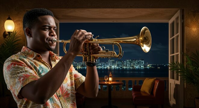 Tropical Jazz Trumpet Player Performing in a Caribbean Island Club with City Night View