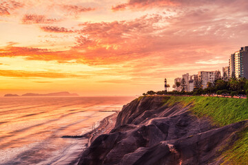 Cliffs on the Pacific Ocean Coast near Miraflores, Lima at Sunset