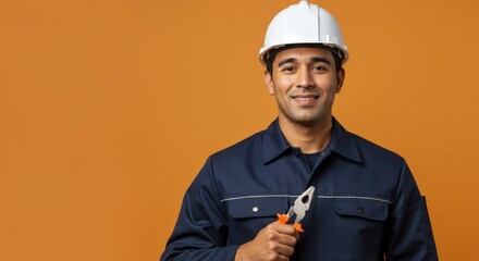 Smiling construction worker in uniform with tools and helmet posing with copy space for advertisement