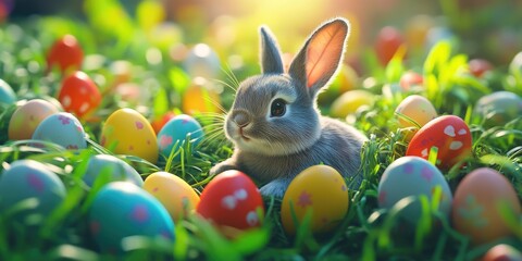 Easter Bunny Among Eggs