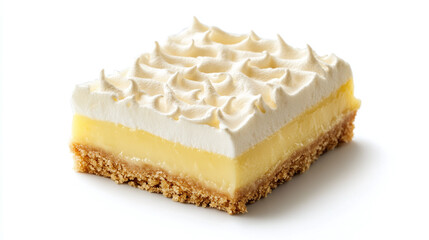 Single piece of a lemon meringue pie with a buttery graham cracker crust and a lemon filling, isolated on a white background.