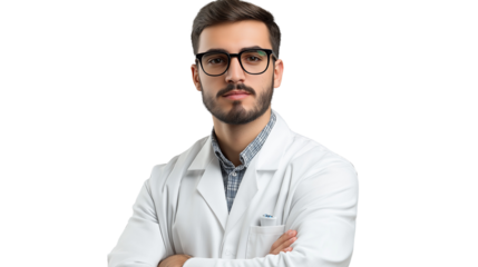 Pharmacist in a white lab coat, stylish glasses, exuding knowledge and trustworthiness