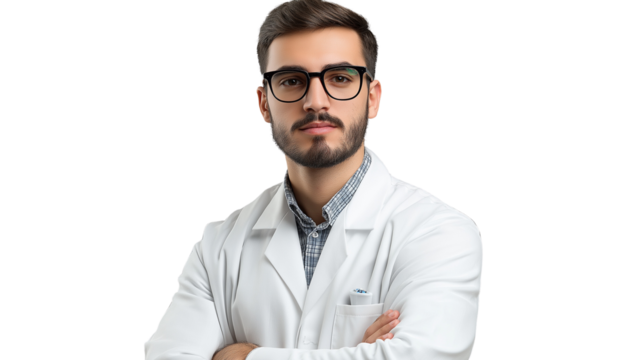 Pharmacist in a white lab coat, stylish glasses, exuding knowledge and trustworthiness