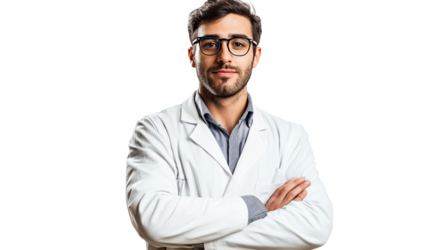 Pharmacist in a white lab coat, stylish glasses, exuding knowledge and trustworthiness - Powered by Adobe
