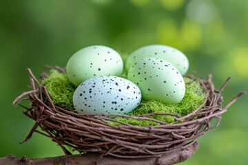 Rustic birds nest with speckled green eggs resting on a tree branch under natural soft lighting in a serene environment